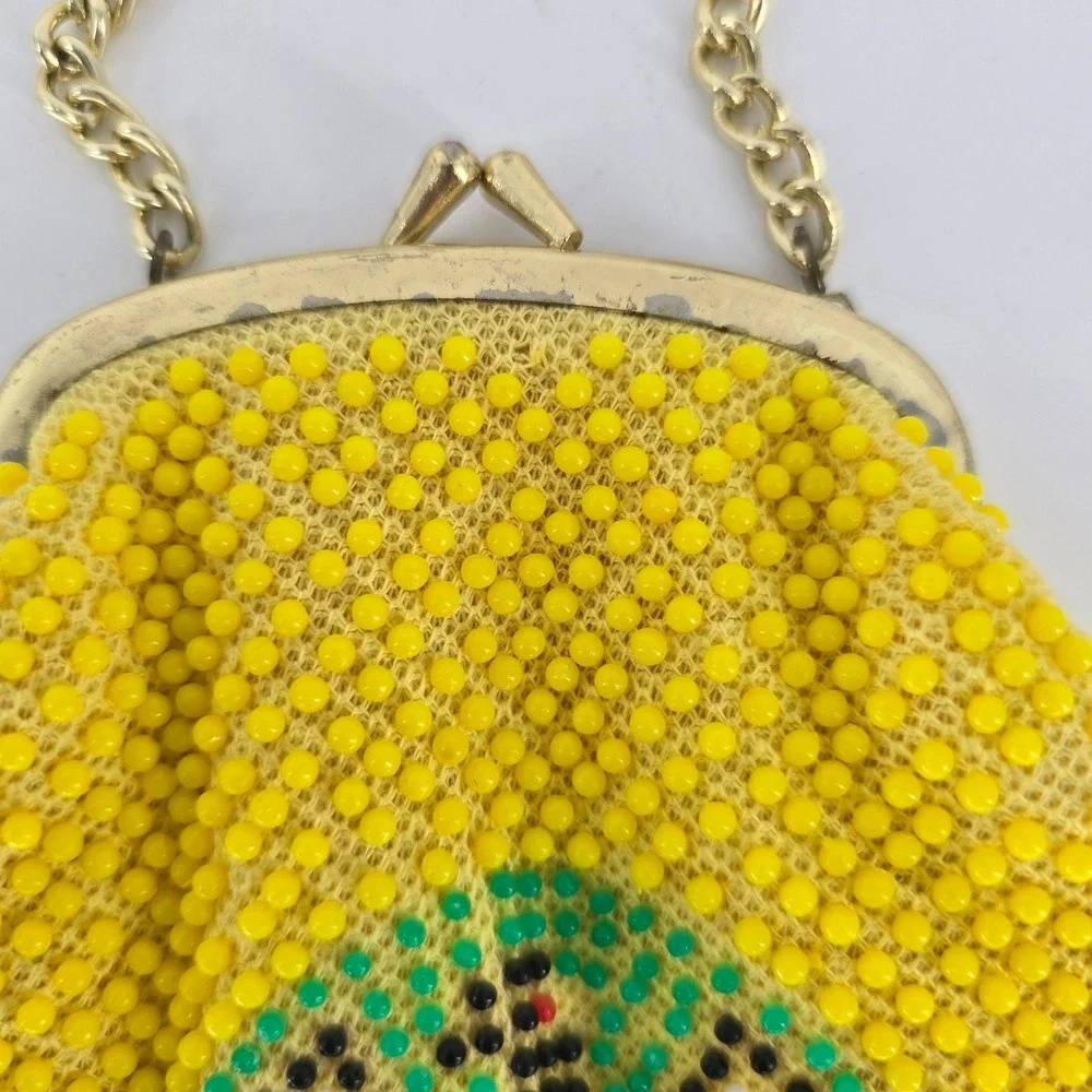 Vintage Thunderbird Indy 500 Beaded Souvenir Purse Yellow Fringe Kiss Lock